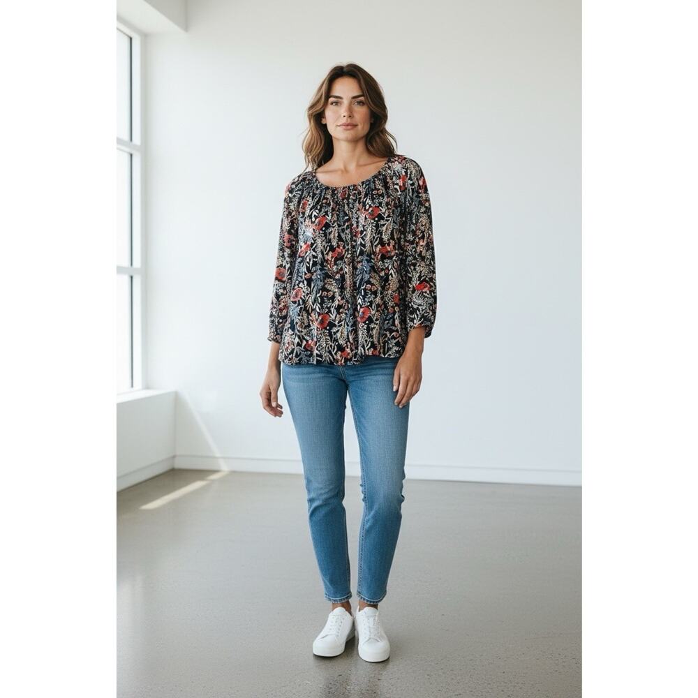 Lucky Brand Women Floral Boho Print Pleated Top Size M Casual 3/4 Sleeve